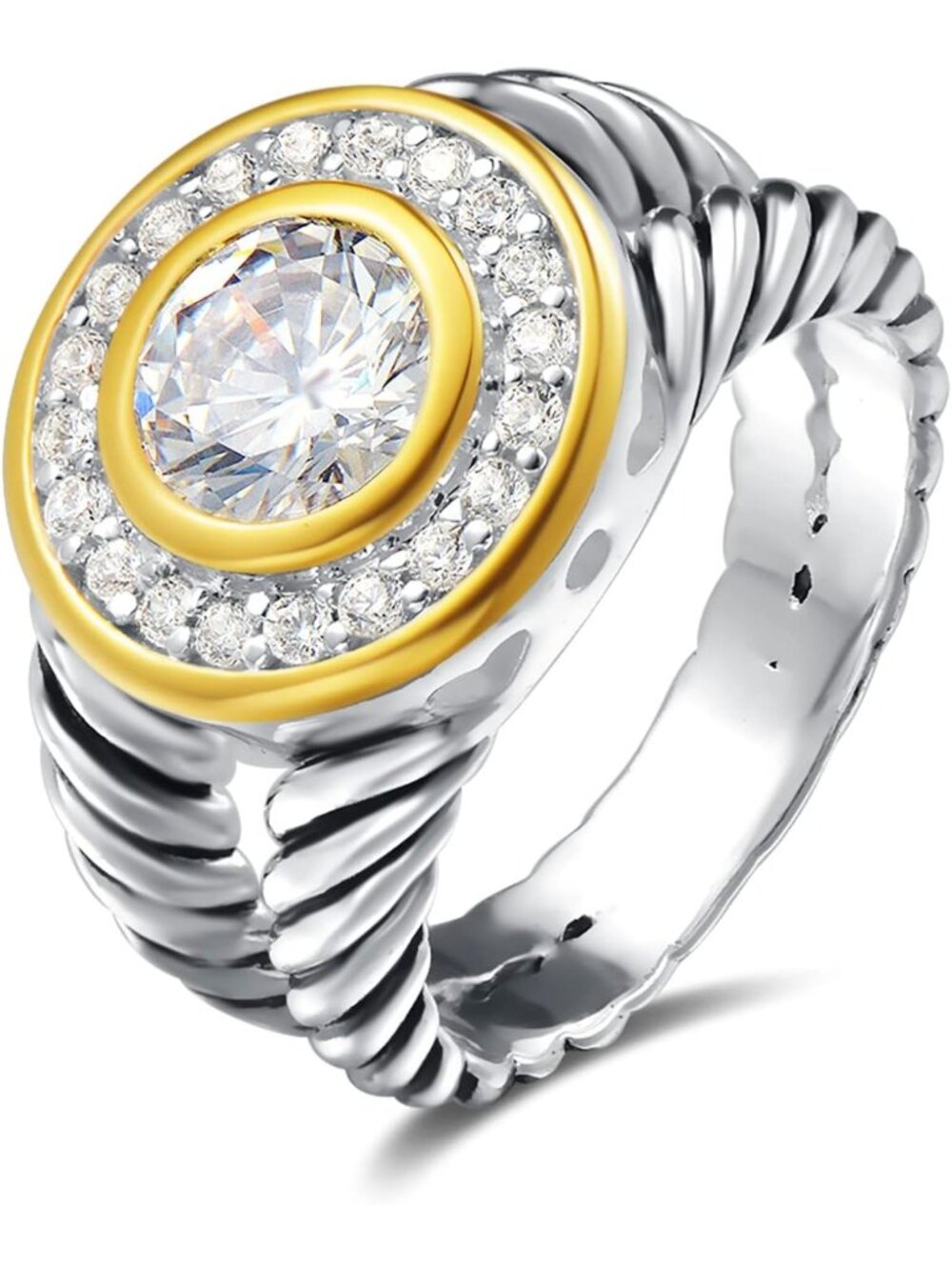 Two-Tone Twisted Cable Wire Ring | Split Shank Pave CZ | Unique Women's Fashion